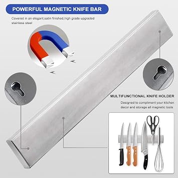 Magnetischer Messerhalter 16 Zoll ohne Bohren & starke Magnete | 16 Zoll magnetischer Messerhalter ohne Bohren mit Klebestreifen & Schrauben, Wandmontage fur Messer, inkl. Klebeband