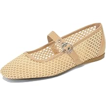 Woven Mesh Ballet Flats for Women Dressy Raffia Mary Jane Flats with Buckle Summer Fishnet Straw Ballerina Flat Shoes