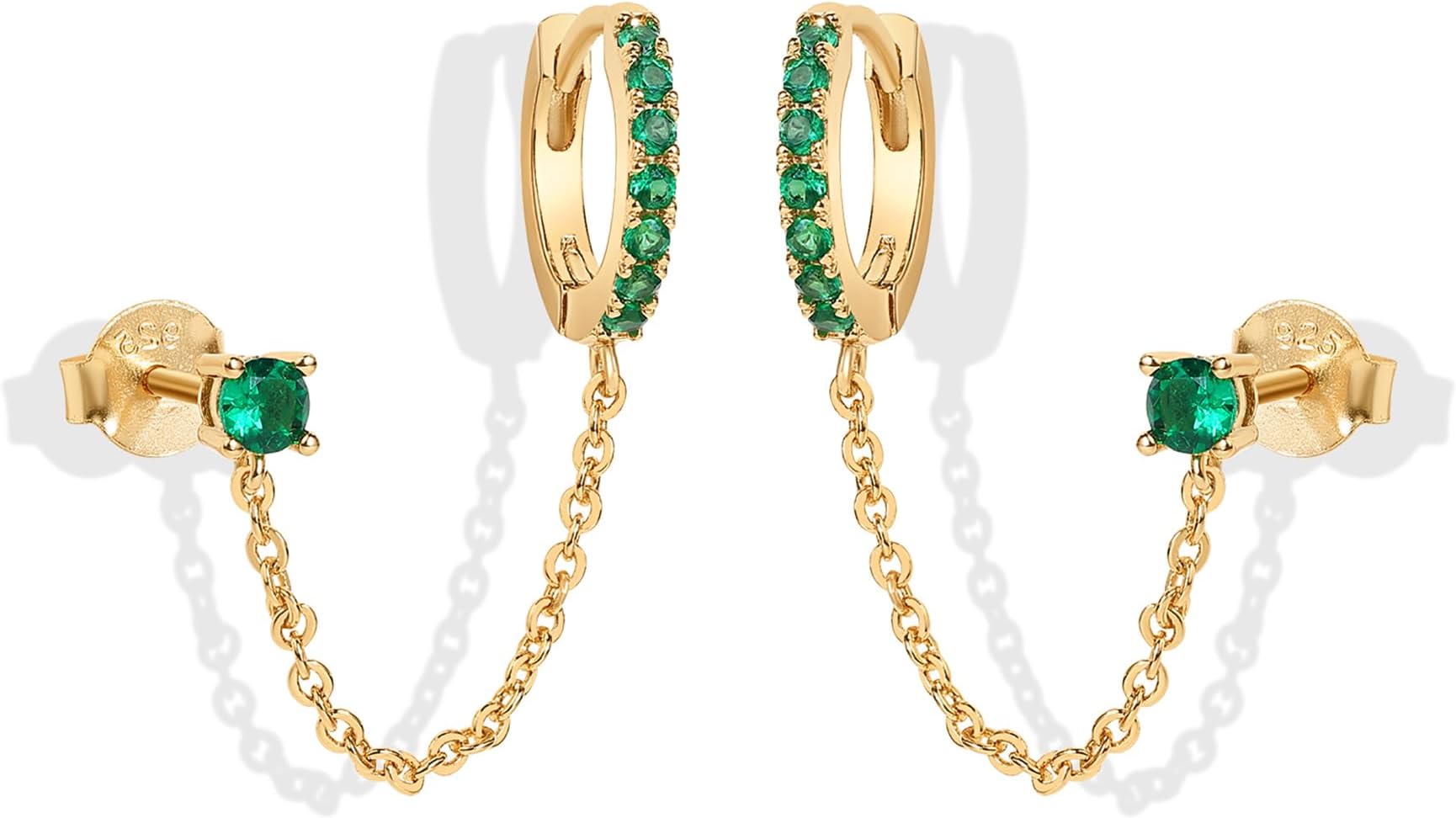 14K Gold Chain Earrings for Women | Double Piercing Dangle Chain Huggie Hoop Earrings | Cubic Zirconia Pearl Stud Ear Cuff Earrings for Women