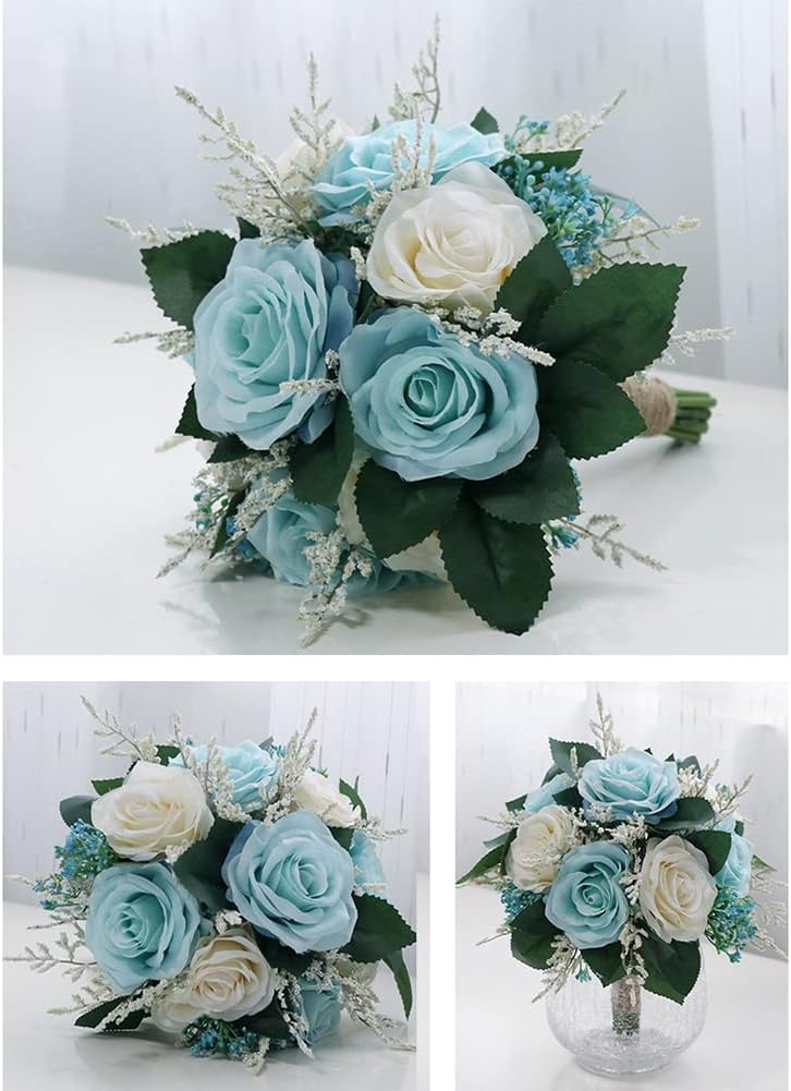 Fake Flowers, Wedding Bouquets for Bride Bridesmaid, Champagne Rose, Vintage Artificial Silk Simulation Flowers for Wedding Party Home Decor Valentine's Day Gifts (Blue)