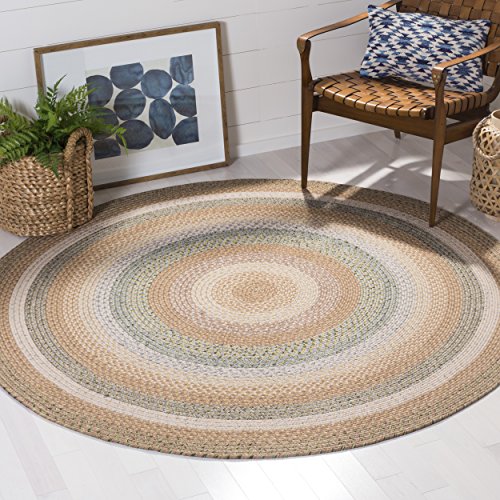 Safavieh Braided Collection BRD314A Hand-woven Reversible Area Rug, 6' Round, Tan/Multi