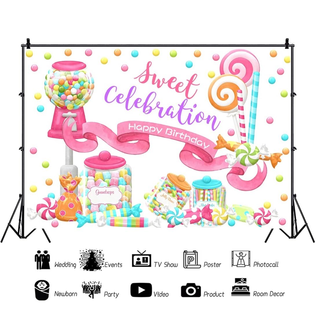 3,5x2,5m Feliz Cumpleaños Telón de Fondo Colorido Dulce de Caramelo Cumpleaños Fotografía de Fondo Tarro de Caramelo Piruleta Dulce Celebración Cumpleaños Telón de Fondo Decoración