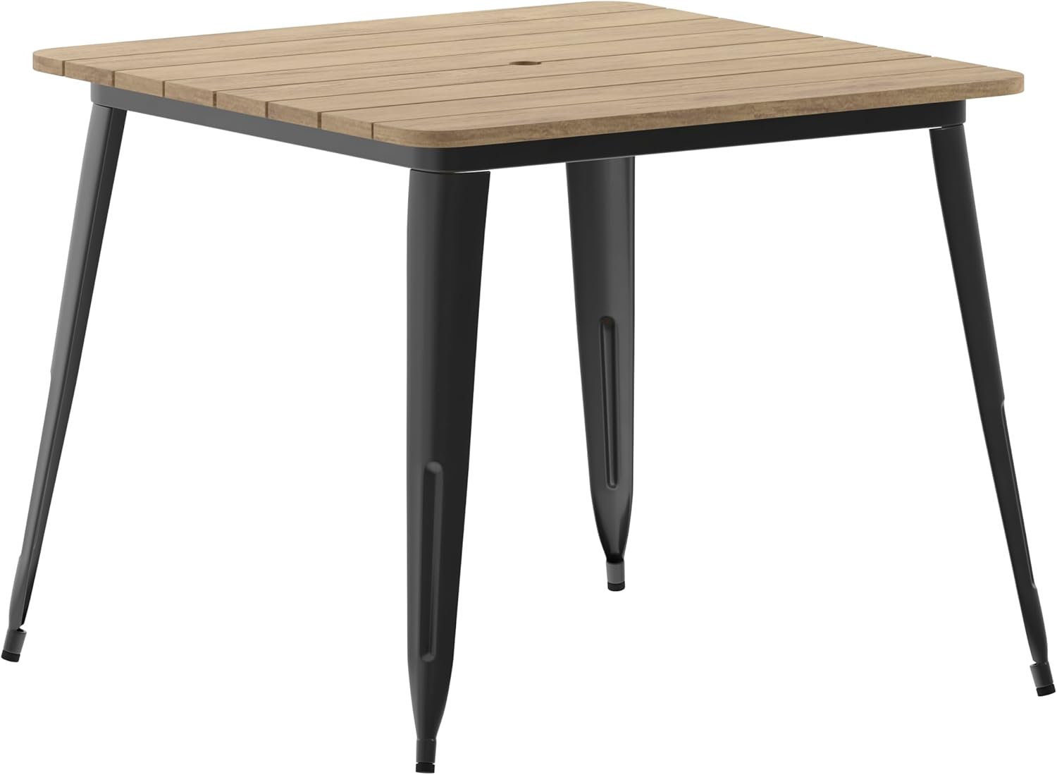 EMMA + OLIVER Drew Dining Table with Umbrella Hole - Brown 36" Square Poly Resin Table Top - Black Steel Base - All-Weather for Indoor/Outdoor Use