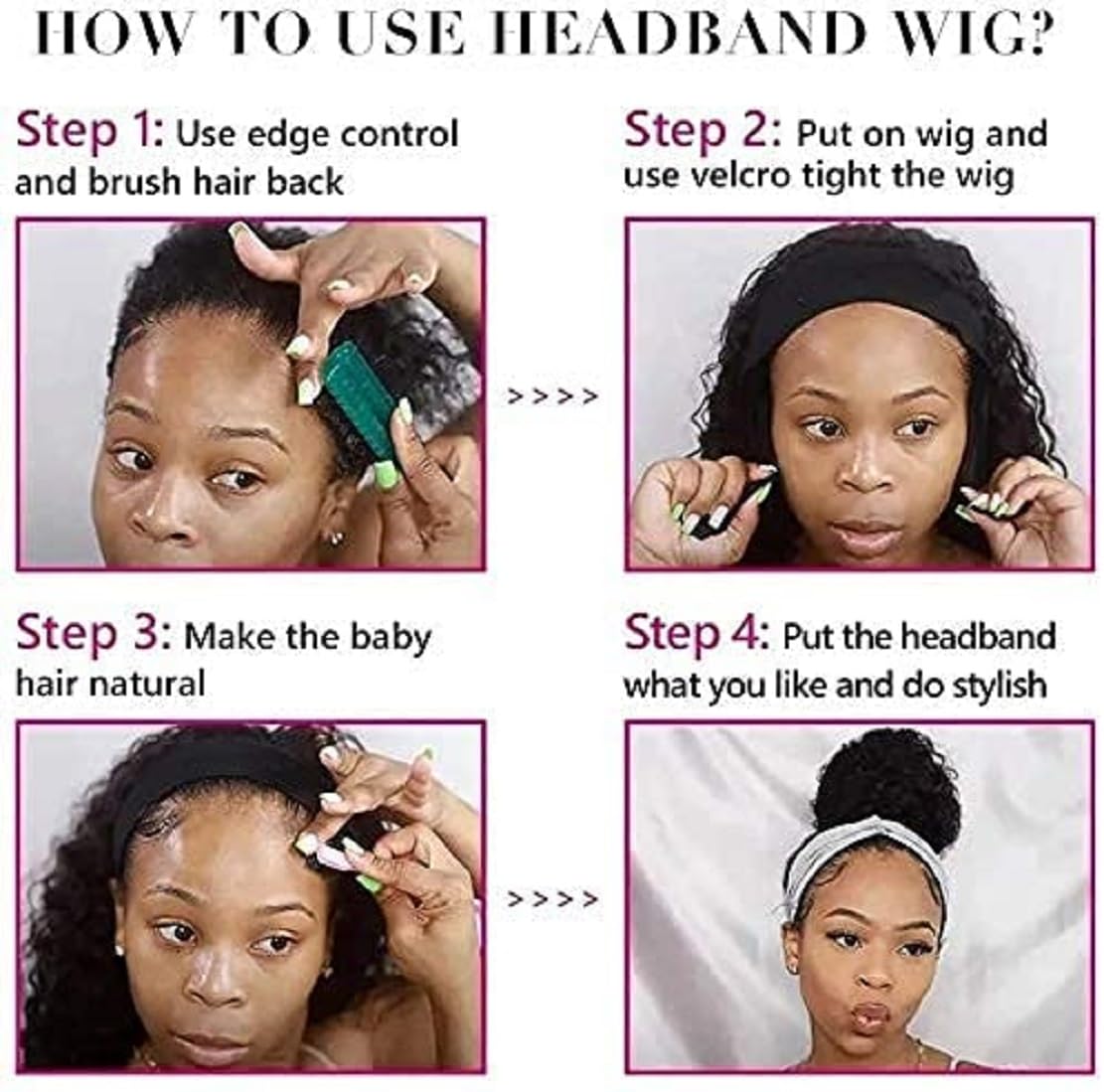 Deep Wave Headband Wig Human Hair 14 Inch Curly Headband Wigs for Black Women Human Hair Glueless None Lace Front Wig Brazilian Virgin Hair Wear and Go Wigs 150% Density Natural Black Color