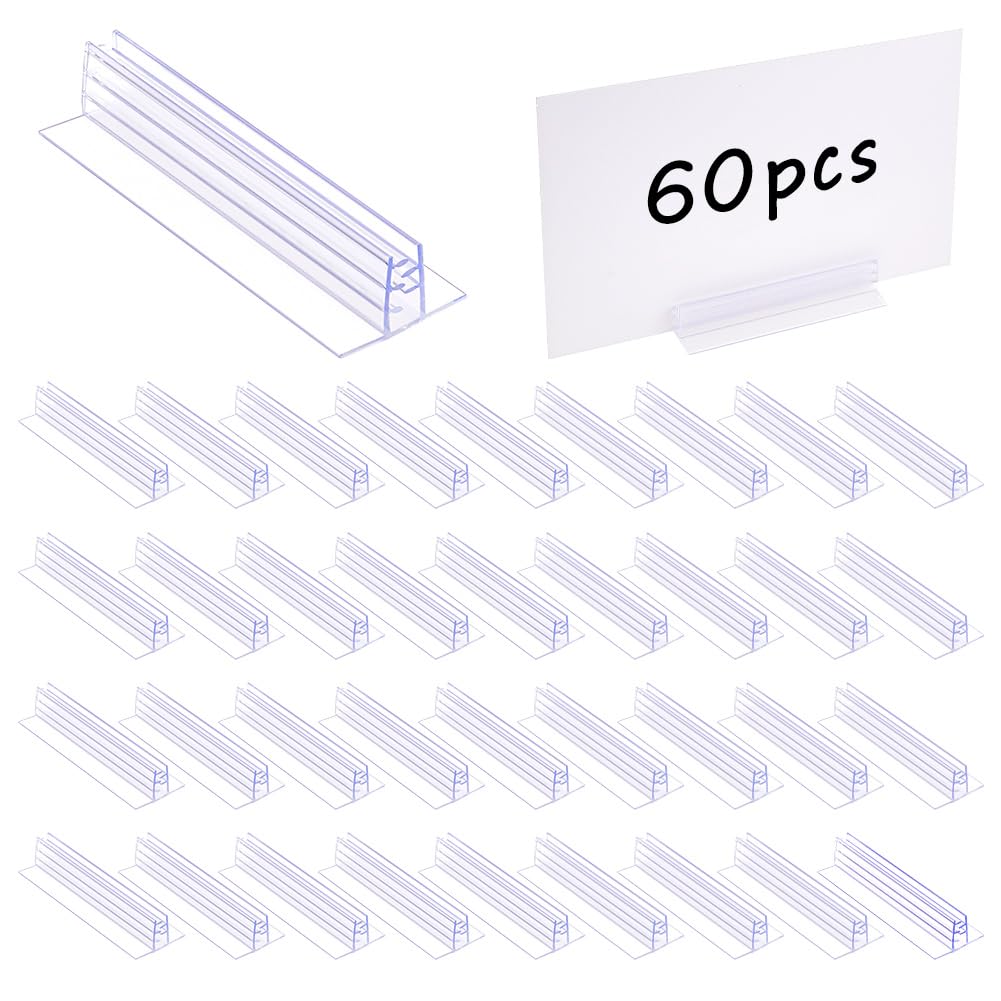 DICOSMETIC 60Pcs Self Adhesive Sign Holder PVC Sneeze Guard Clip Holder Transparent Mini Panel Stands 0.98"x2.97"x0.61" Clear Table Name Tag Holders for Cards Photos