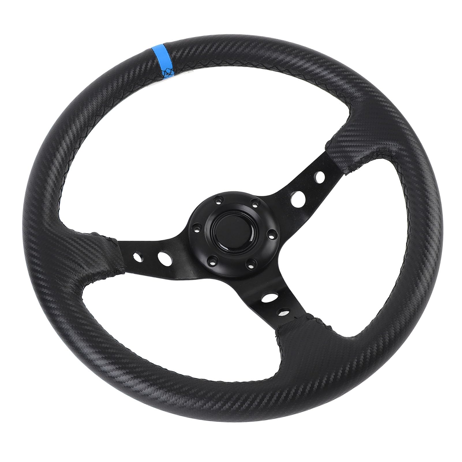 Volante da da 14 pollici, volante sportivo universale a profilo profondo con pulsante per clacson, telaio in alluminio con aspetto in fibra di carbonio rivestito in pelle PU (Blu)