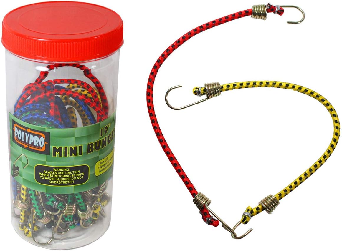 20-Piece Mini Bungee Cords | 10" (25 cm) Length - 18" (46 cm) Stretched | 0.15" (0.4 cm) Thickness | Zinc-Plated Hooks | Green, Yellow, Red, Blue Bungees | Great for Outdoors & Camping