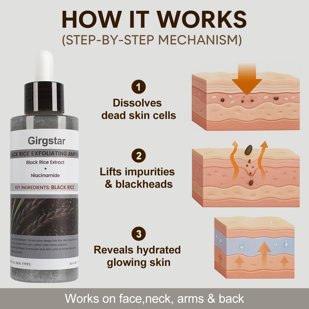 Black Rice Exfoliant Peeling Ampoule 80ml - Gentle Chemical Peel for Face & Pore Cleaner - Hydrating Rice Serum Facial Peels for Blackhead Remover & Daily Skin Care