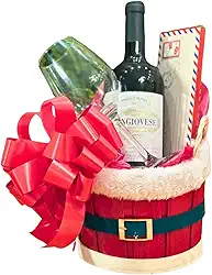 Baldinho (Cachepó) Natalino para Presente – Vinho Tinto 750 ml + Taça de Vidro + Barra de Chocolate – Embalagem com Laço e Tag - Presente Natalino
