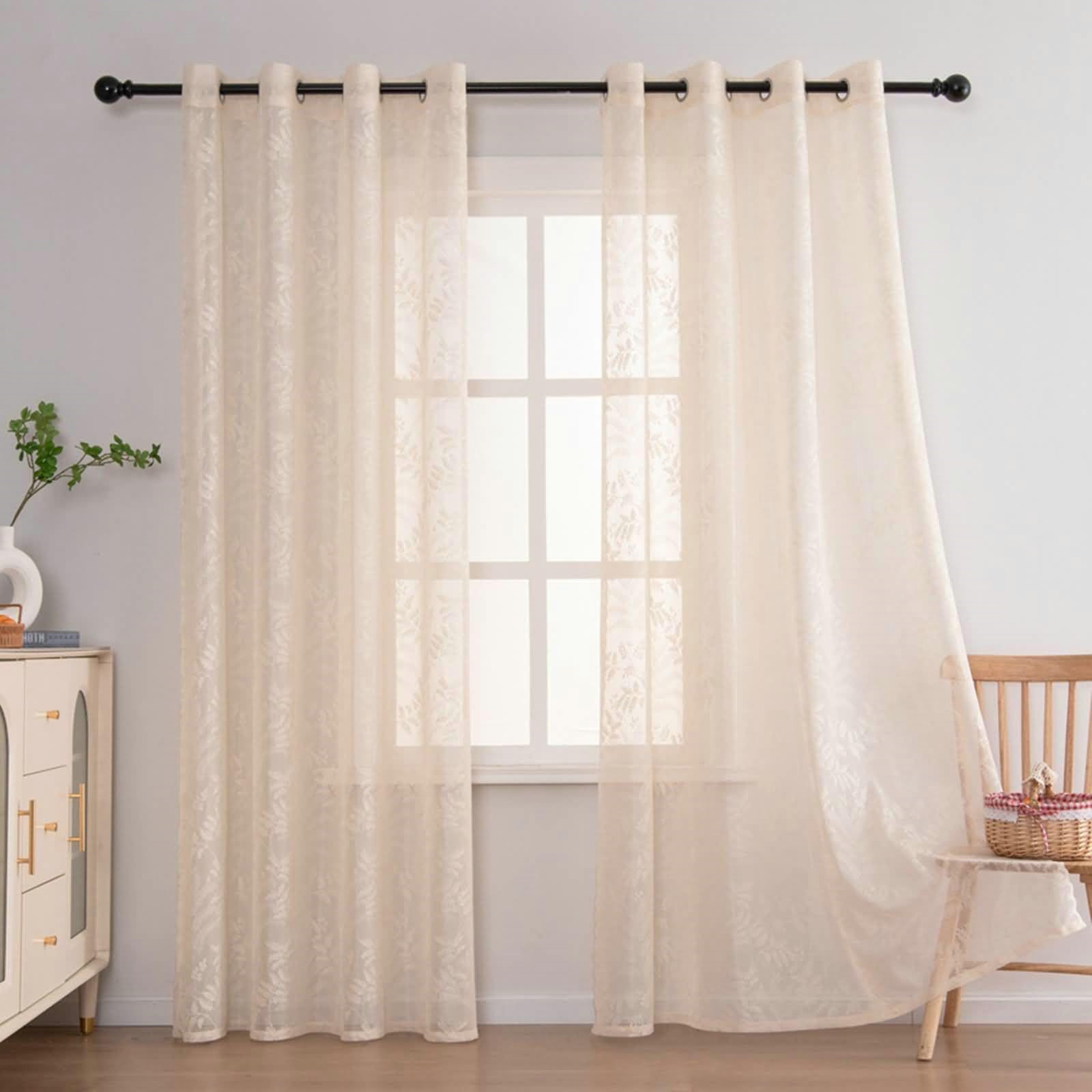 Gualiy Przezroczyste zasłony do sypialni, 2 panele, zasłony 140 x 225 cm z liśćmi, żakardowe, do sypialni, beżowe, zestaw zasłon do salonu