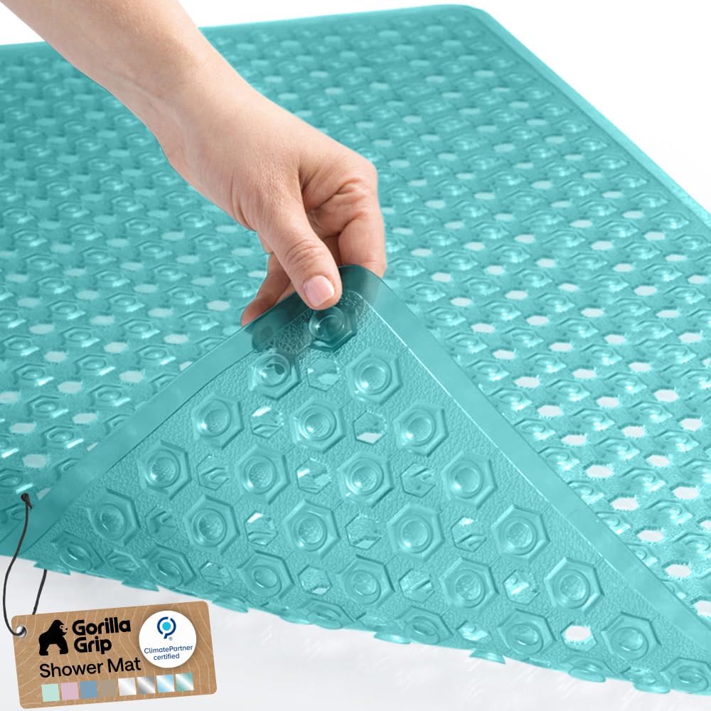GORILLA Grip Patented Bath Tub Shower Mat, Machine Washable Bathtub Floor Liner Mats, Suction Cups and Drain Holes to Keep Tubs Clean, Soft on Feet, Bathroom Essentials, 35x16 Inch, Clear Turquoise