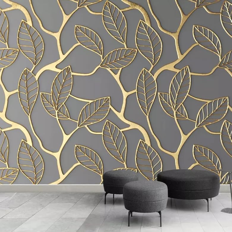 Papier peint photo 3D pour masquer un mur vide : grand décor feuilles dorées 300x210cm