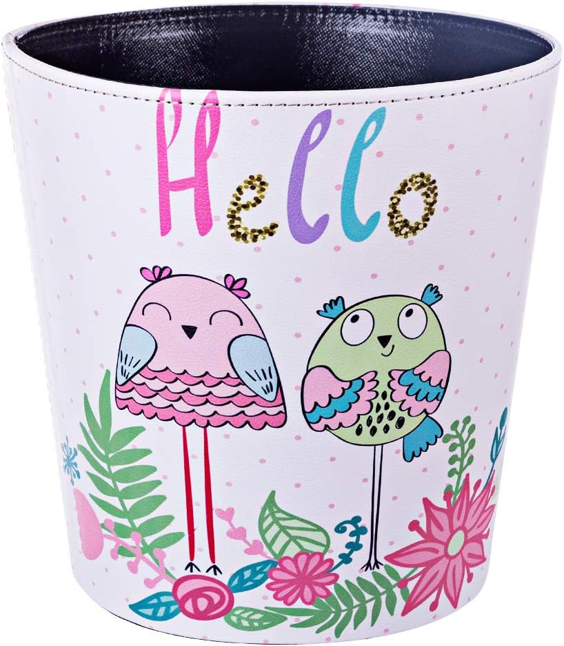RuiyiF Deskside Wastebasket Farmhouse Decorative Trash Can Without Lid, PU Leather Waste Bin Bathroom Kitchen Office Bedroom Garbage Can for Kids Room Recycling and Storage (Owl)