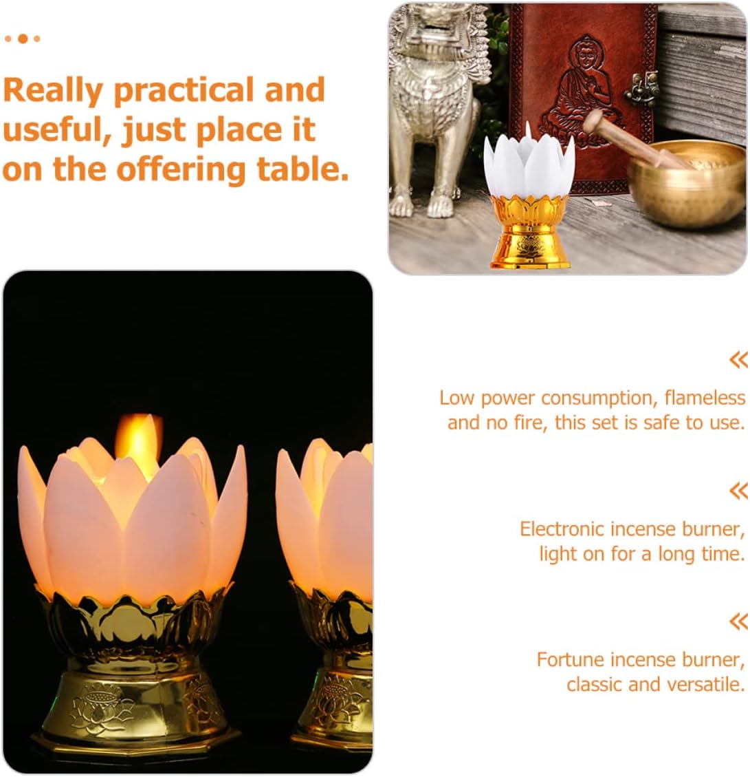 Uonlytech Led Lotus Lantern Ornament Electronic Incense Burner Flameless Buddhist Lamp for Home Bedroom Living Room Ritual Decoration Set
