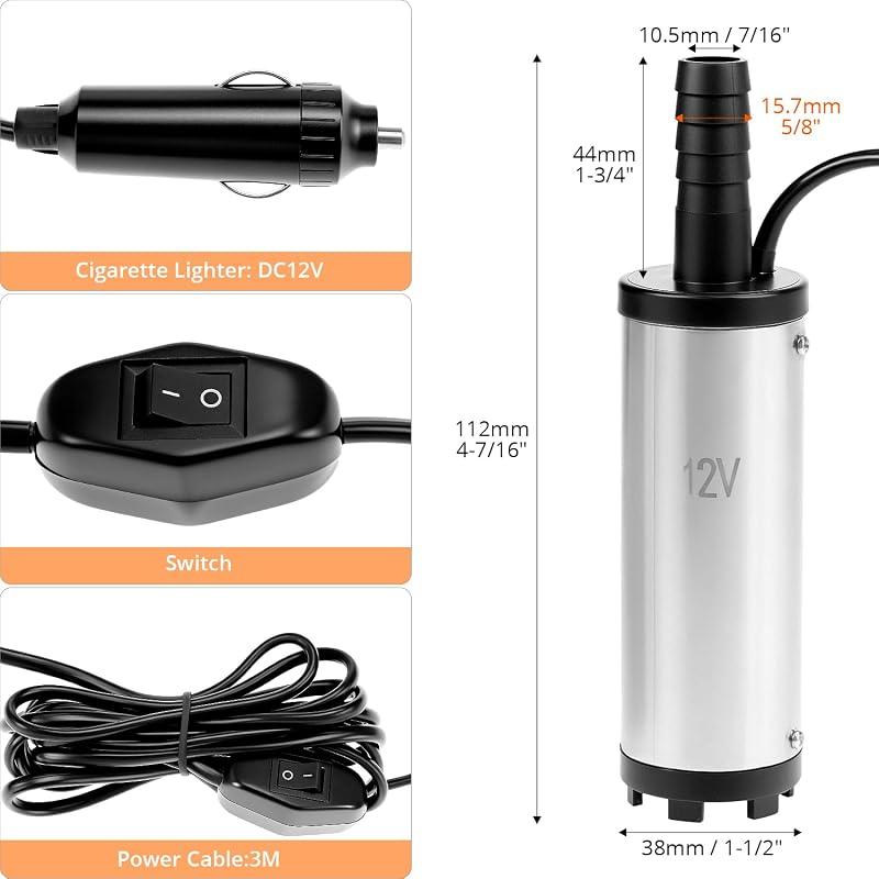 QWORK 12V Dízel Szivattyú 38mm Rozsdamentes Acél Cigarettagyújtó Csatlakozóval