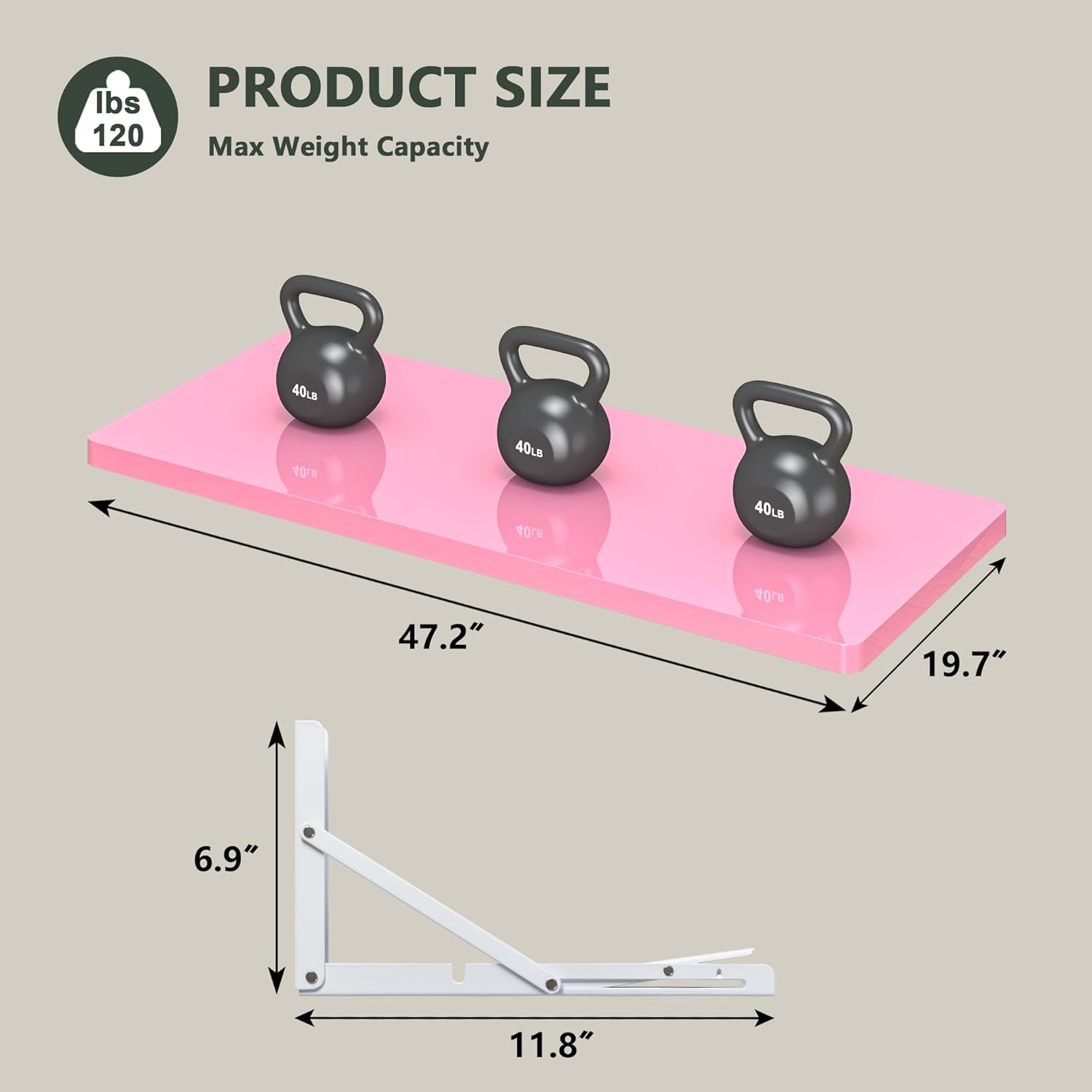 clikuutory wall mounted high gloss folding table, wall desk fold down for small spaces, folding workbench for laundry room, home office, kitchen, bedroom, home bar, pink (47.2"×19.7") 47.2"w x 19.7"d x 5.2"h pink