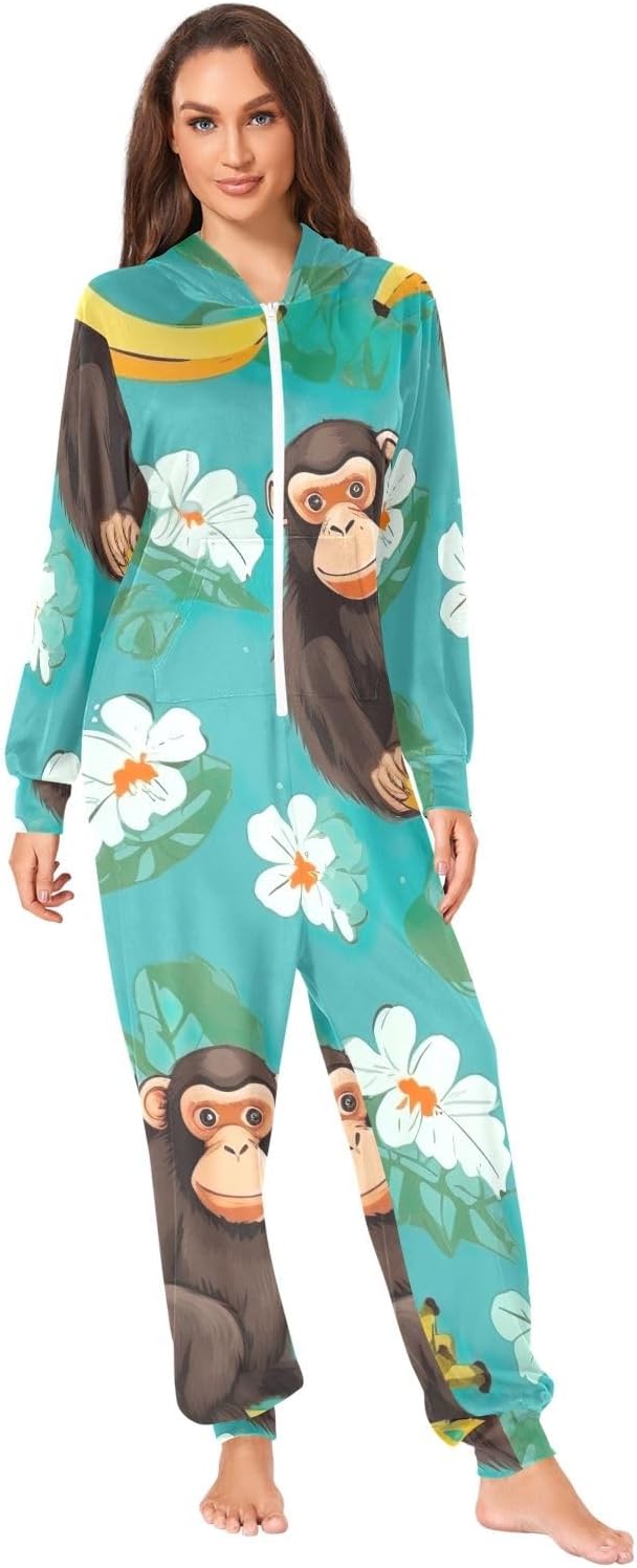 Funny Monkey Bananas Teal Adult Onesie Pajamas, Soft Hooded One Piece Sleepwear for Men Women Christmas Loungewear