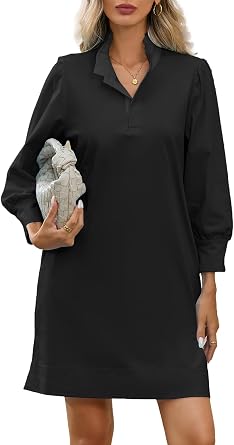 Ladyful Womens Elegant Long Sleeve Mini Dress Ruffle Neck Shift Dresses | Button Up, Mock Neck, Pockets, V Neck, Bussiness, Work, Stretchy, Tunic Short Shirtdress, Casual Fall Fashion, Formal Outfits