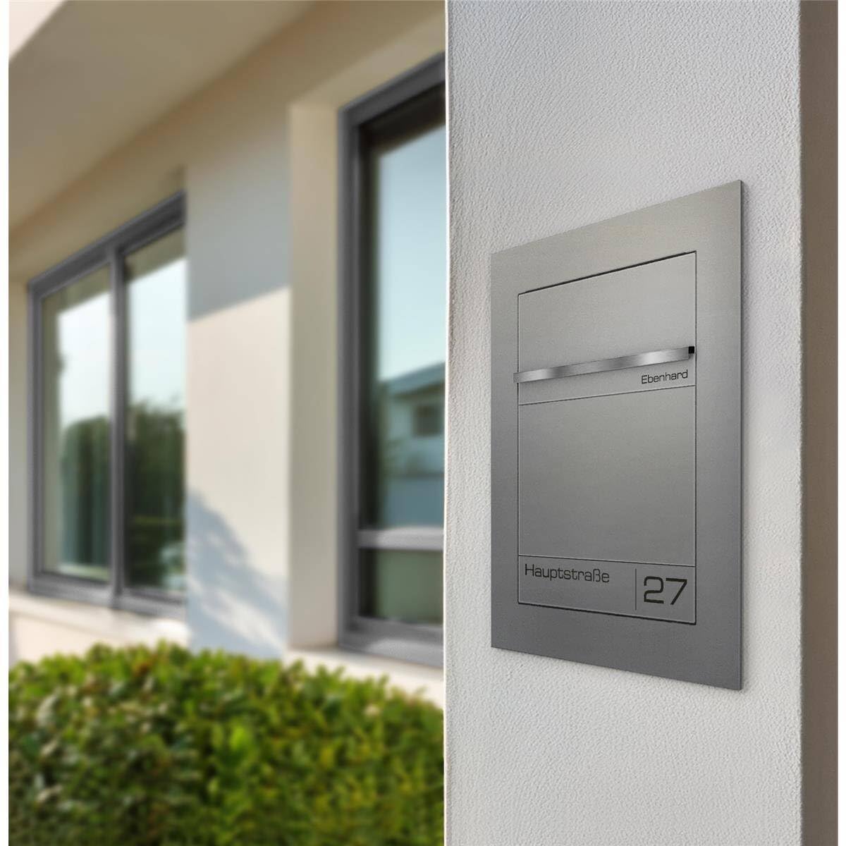 Metzler Cassetta postale da incasso grigio alluminio RAL 9007 – acciaio verniciato a polvere con targhetta nome in acciaio inox incisa – impermeabile, design a filo muro formato DIN A4