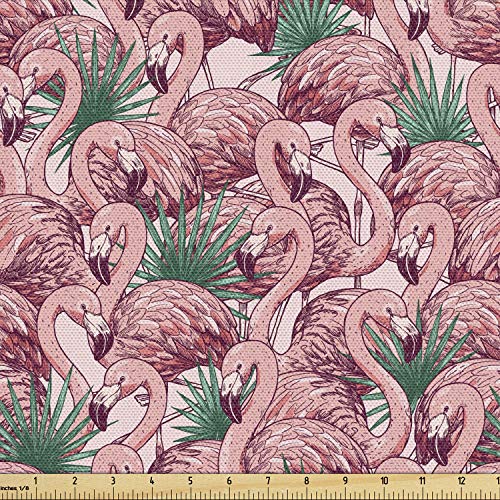 Lunarable Hawaiian Colors Fabric by The Yard, Digitally Generated Cluttered Flamingos and Island Leaves, Decorative Fabric for Upholstery and Home Accents, 1 Yard, Blush Teal