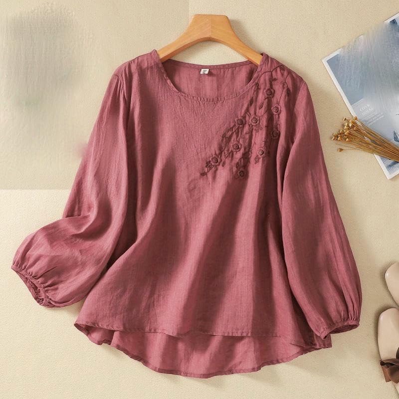 JYHBHMZG Women's Cotton Spring Summer Embroidered Round Neck Long Sleeve Top Retro Loose Pullover Embroidered Blouse Shirt