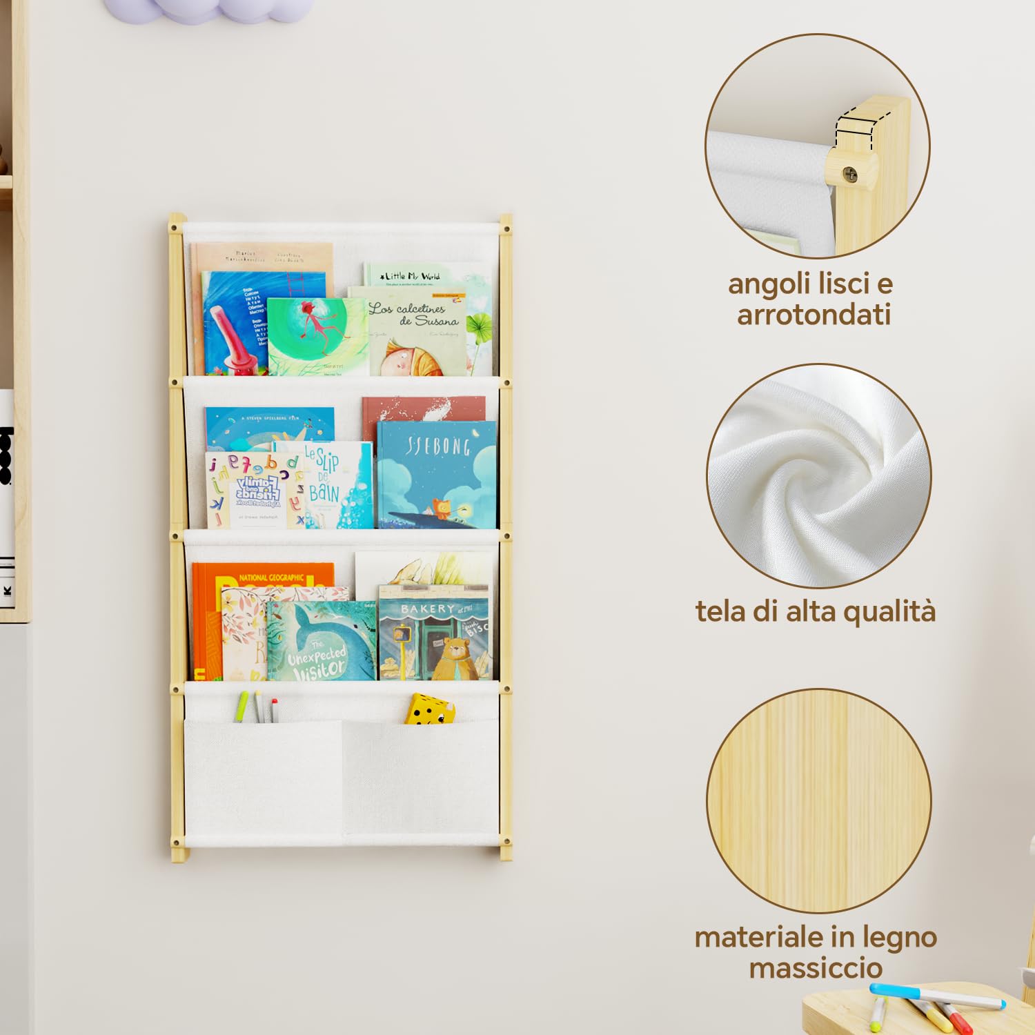 Libreria a parete in legno a 4 ripiani, per bambini, per camerette dei bambini, asilo, aula, libreria da appendere, organizer per libri, libreria Montessori, bianco