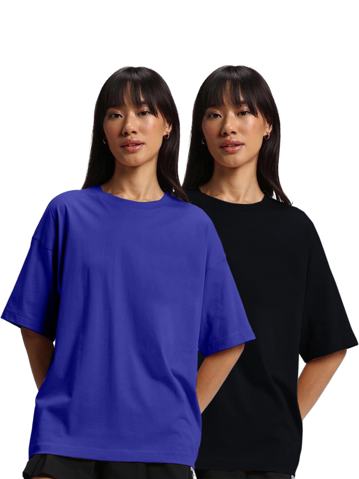 pure cotton drop shoulder oversized baggy fit half sleeve plain solid round neck multicolor t-shirt for women & girls (pack of 2) (sizes s-2xl)