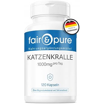 Fair & Pure Cat Claw Una De Gato Vegan Dietary Supplement without Magnesium Stearate 1000 mg per Daily Dose 120 Capsules Made in Germany