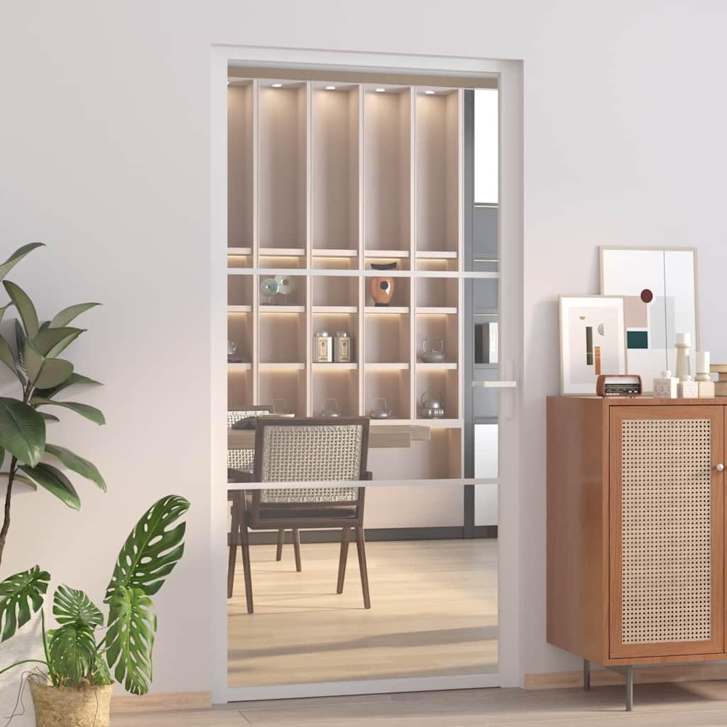 Puerta interior 102,5 x 201,5 cm, cristal templado blanco con marco de aluminio y mango de aluminio, cristal templado de 5 mm, grosor de puerta de 3,5 cm, para renovación y construcción con