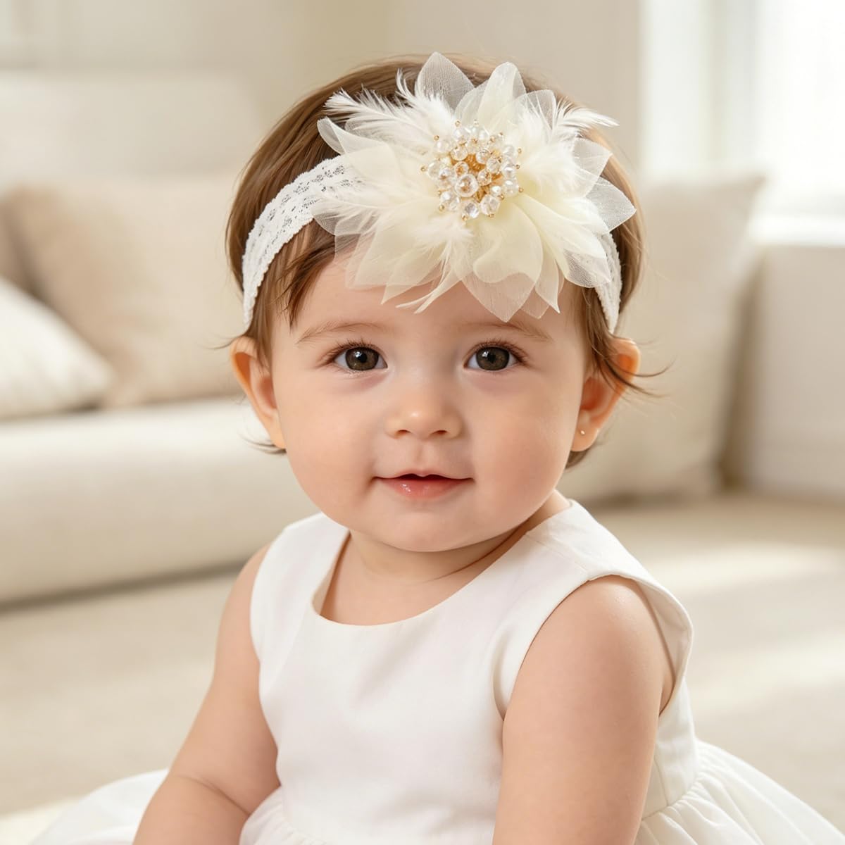Bethynas Baby Mädchen Spitze Feder Stirnband Perlen Gaze Blume Elastisch Kleinkind Haarband Geburtstag Party Prinzessin Haarschmuck für Neugeborene Säugling (Weiß)