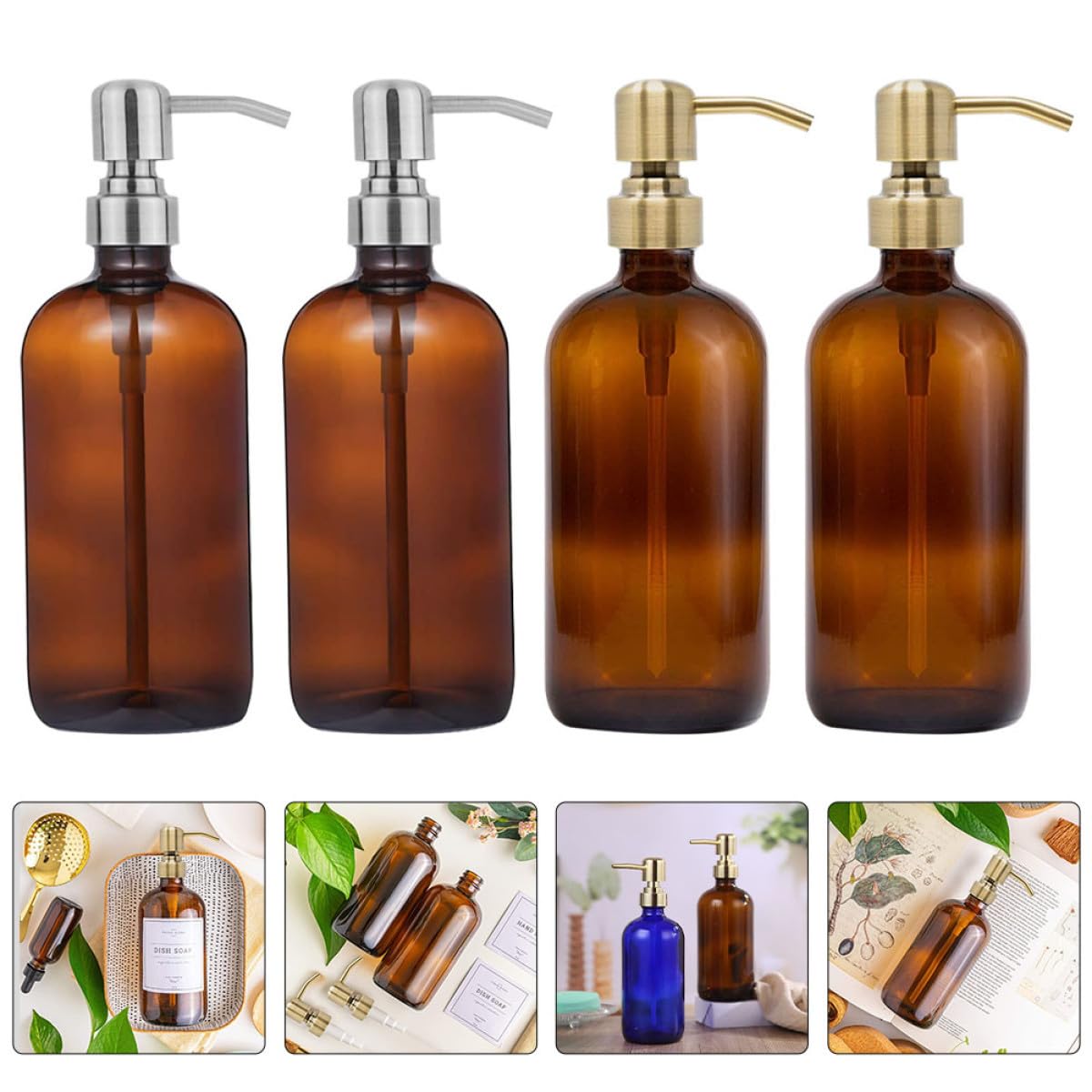 Set de 4 Botellas Dispensadoras de Loción de Baño de Vidrio de 500ml Diseño de Bomba Resistente para Uso en Hogar y Baño Color Aleatorio
