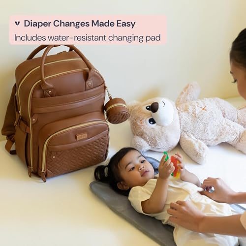 Miniatura 8 de BabbleRoo - Mochila de cuero para pañales, artículos esenciales, bolsa de viaje, multifuncional, impermeable, con cambiador, correas para cochecito