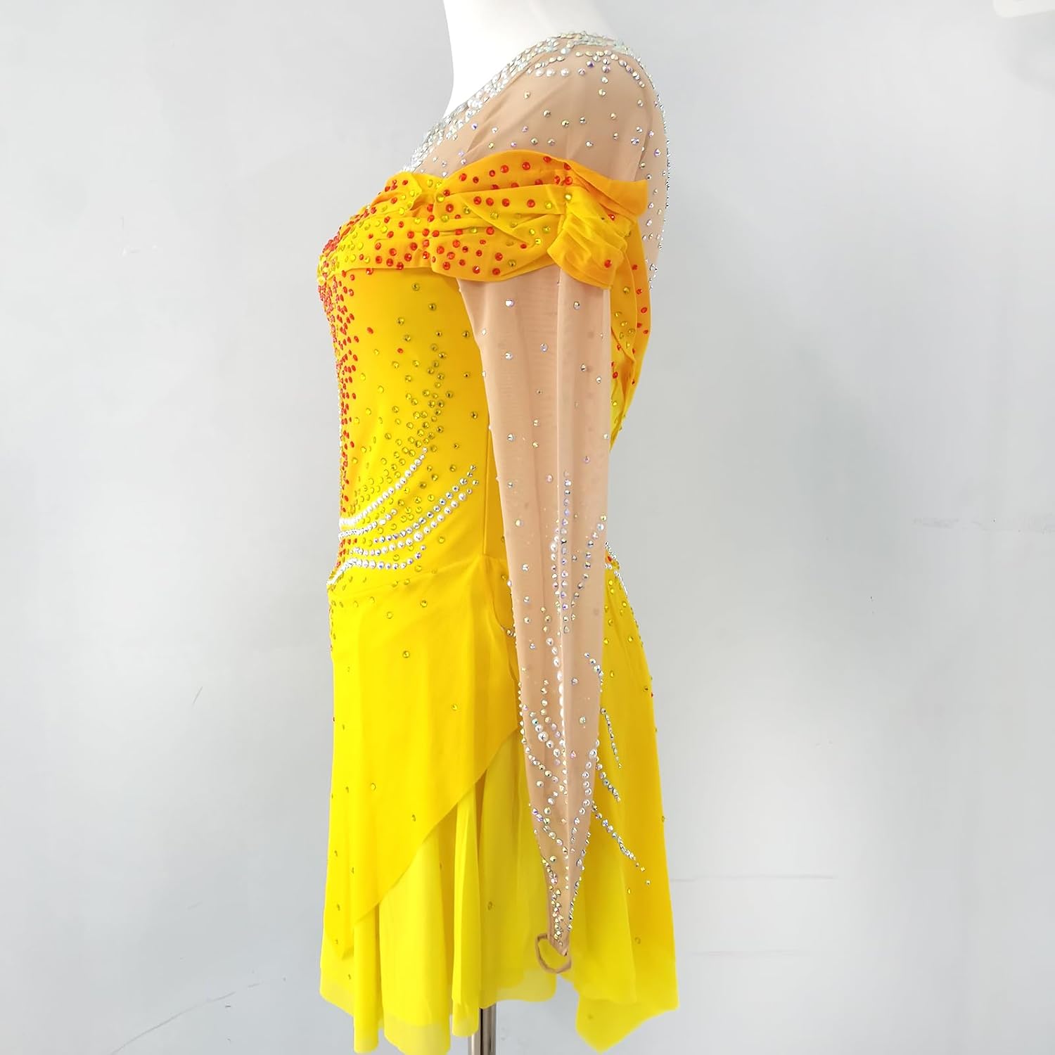 Girls' Yellow Shining Long Sleeve Figure Skating Skirt Professional Customized Competition Costume