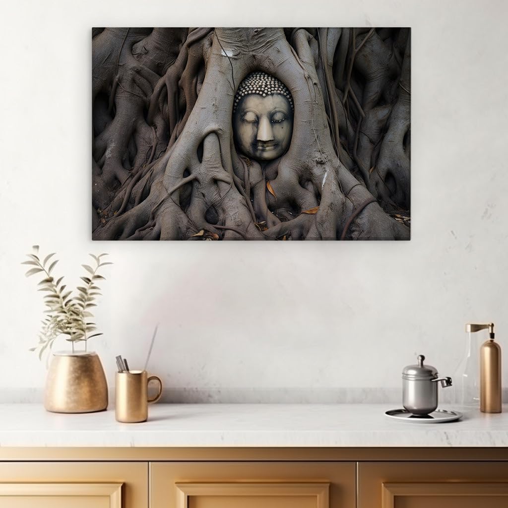 Canvas for Living room. Embracing Tranquility: The Serene Buddha Entwined by Nature's Embrace, 27 x 18 inch Canvas Wall Art - Ready to Hang - 69x46 cm (27x18 inch)