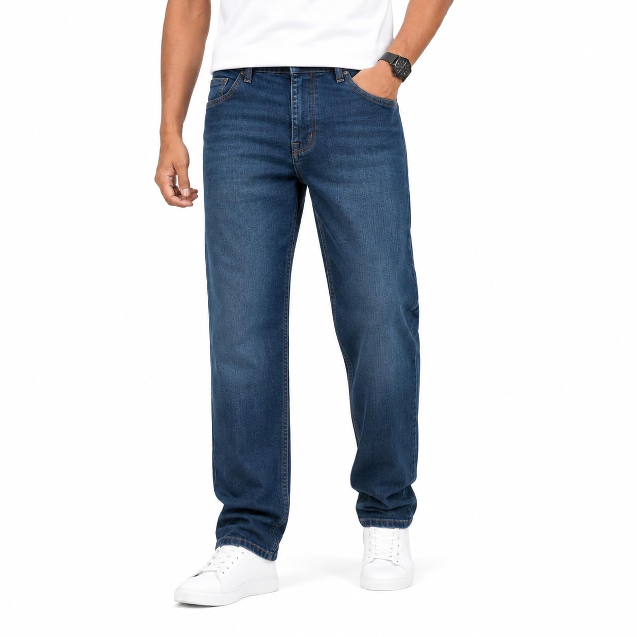 Indo Era Mens Straight Fit Denim Jeans|Lightweight Stretchable Cotton Blend Denim|Mid Rise Casual Jeans for Men|5 Pocket Regular Fit Everyday Wear in blue