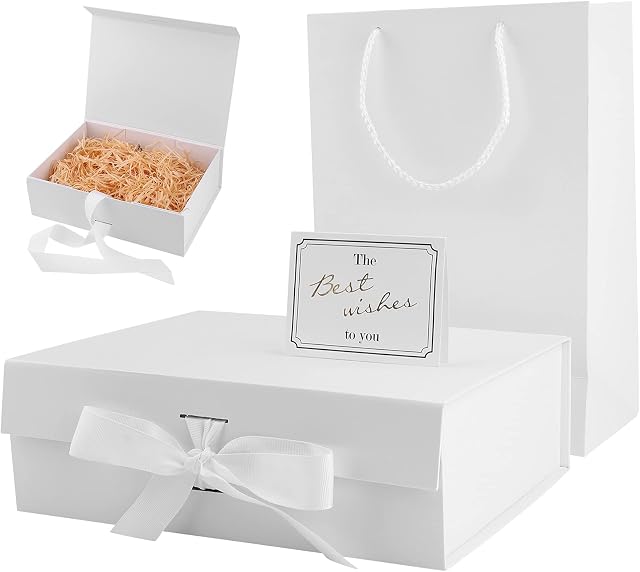 Luxury Magnetic Gift Box,Rectangle Gift Box with Magnetic Lids,Silk Ribbon,Greeting Card,20 Grams Shredded Tissue Paper and Paper Gift Bag Folded Gift Boxes for Present Birthdays Anniversary White