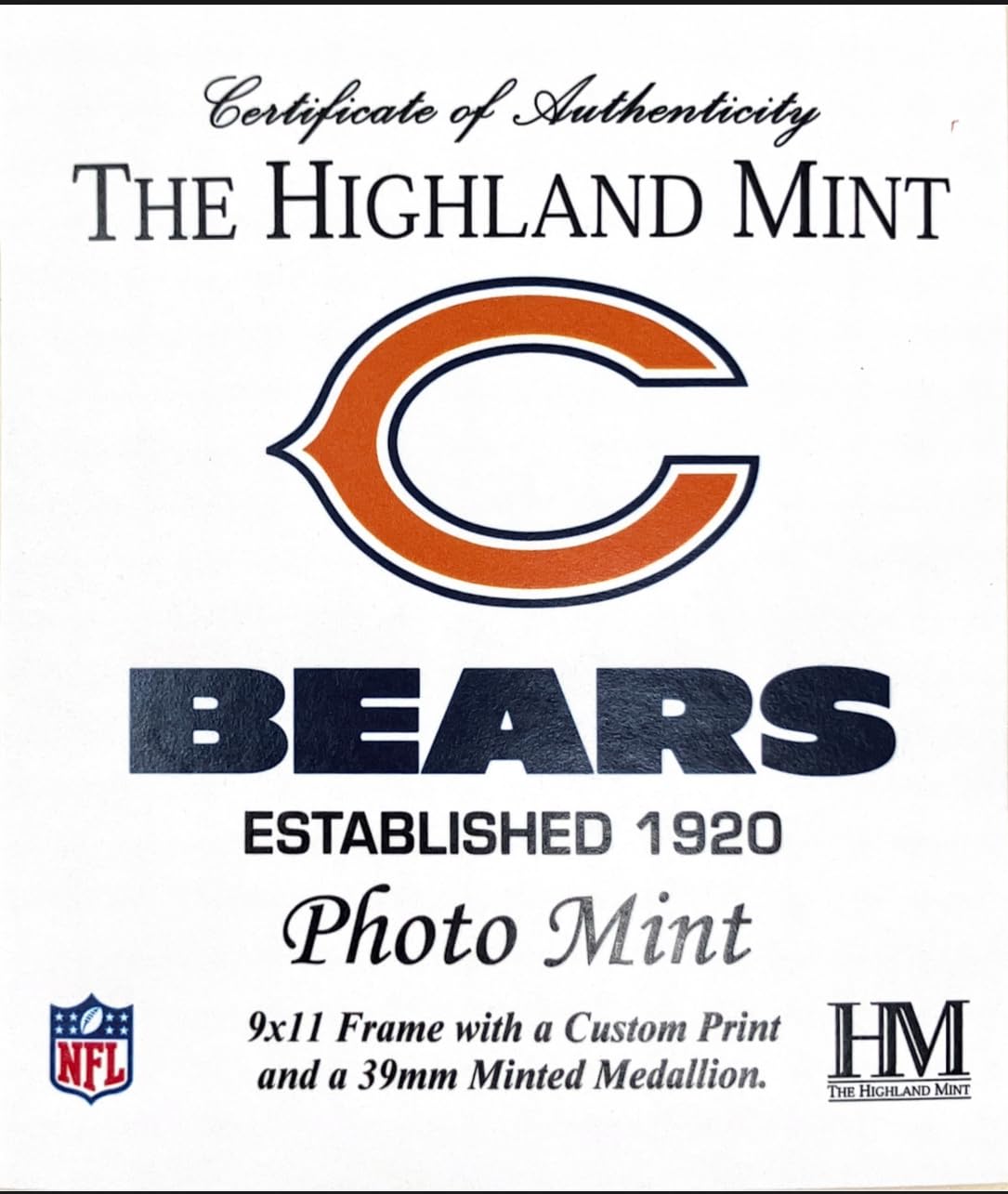 Highland Mint NFL Chicago Bears 22,9 x 27,9 cm Stadionmünze Foto Mint