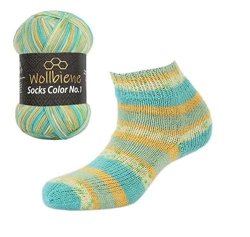 Wollbiene Socks Color Sockenwolle 100g 4-fädig Stricken und Häkeln 75% Schurwolle Farbverlaufswolle Strickwolle Socken (46 türkis grün gelb)