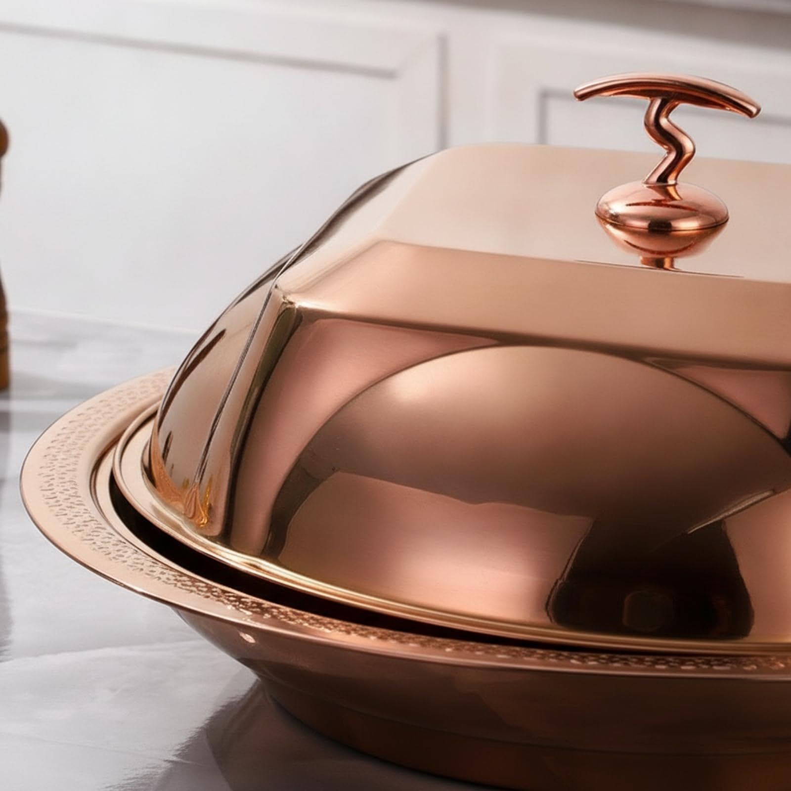 Copripiatto a Cupola con Piatto Dorato Cloche con Maniglia in Acciaio Inox Copripiatto Maniglia per Ristoratori, Ristorante, Buffet, Oro Rosa, 36cm