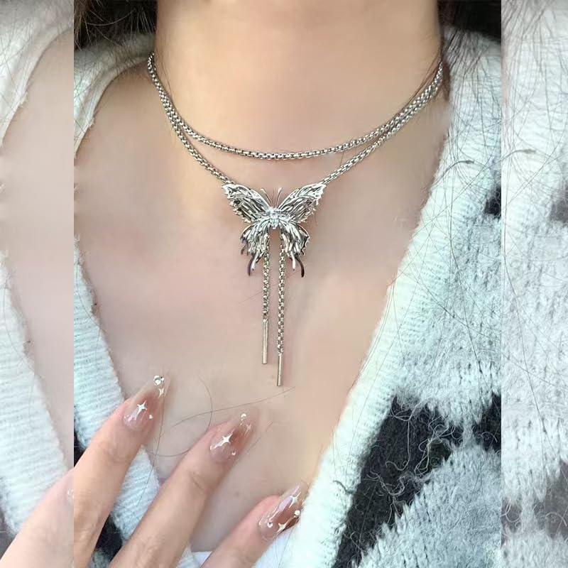 Long Butterfly Necklace Butterfly Choker Delicate Waterproof Stainless Steel Adjustable Lariat Silver Butterfly Necklace Women's Jewelry - Image 6