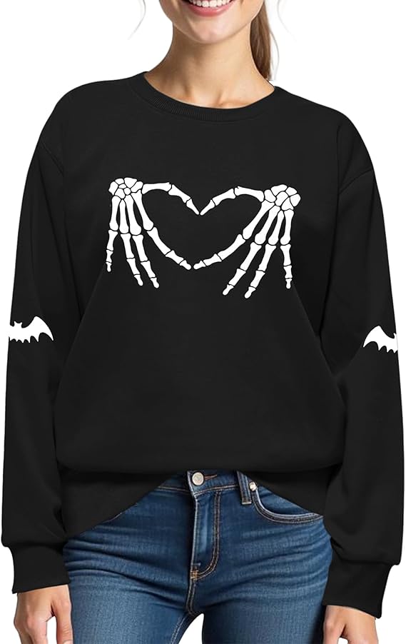 Halloween Sweatshirts for Women:Skull Graphic Crewneck Long Sleeve Tops Lightweight Pullover Sweatshirts