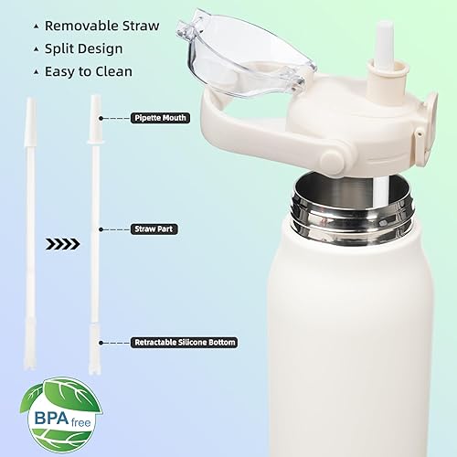 Miniatura 4 de BJPKPK - Botellas de agua con aislamiento y pajilla, metal de acero inoxidable de 45 oz, tapa de apertura con una mano, reutilizables, libres de