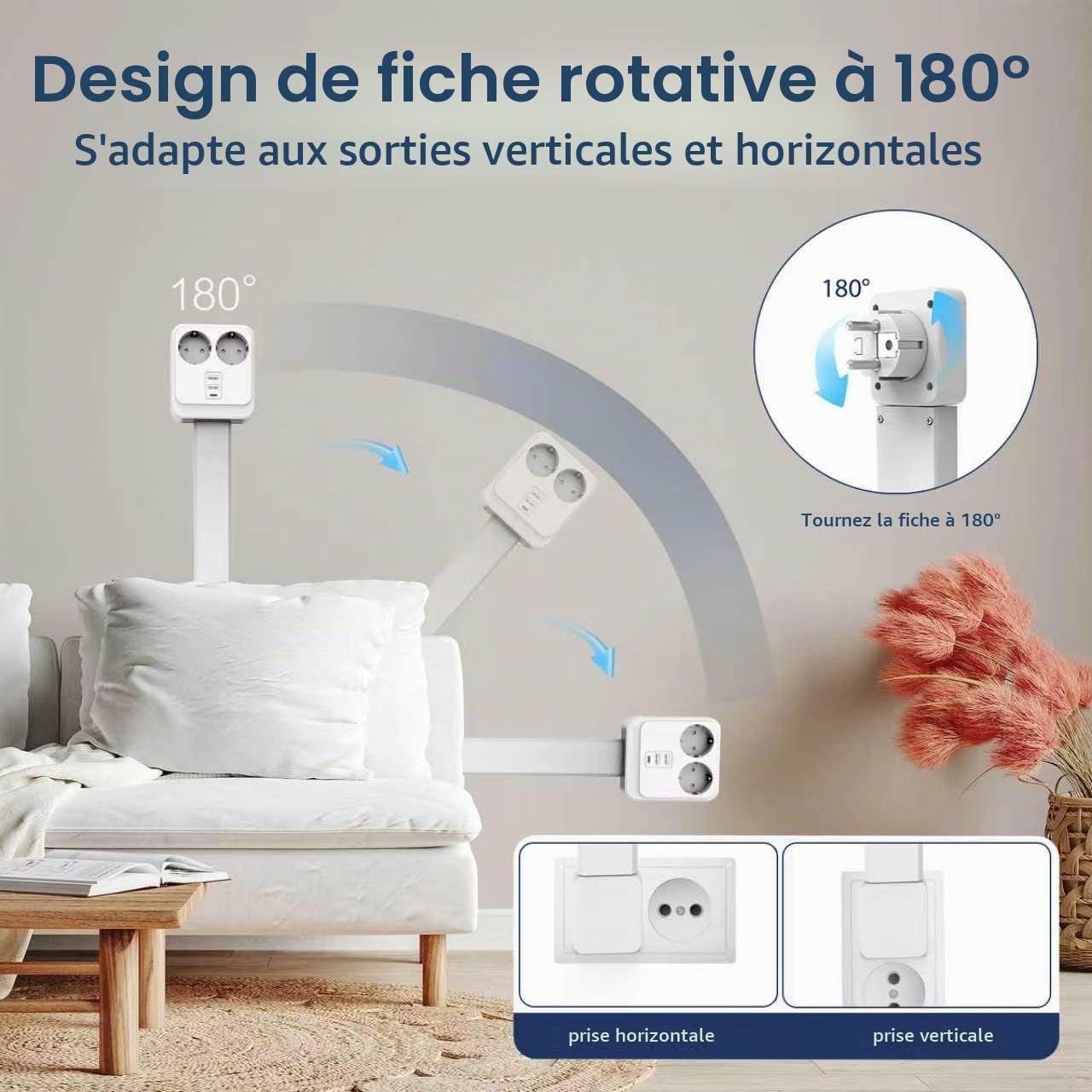 Multiprise Murale Extensible 56-86 cm, Adaptateur Prise 5 en 1 avec USB-C & 2 Prises AC, Tête Rotative 180°, Rallonge Prise Murale Plate pour Canapé, Lit, Bureau - Blanc
