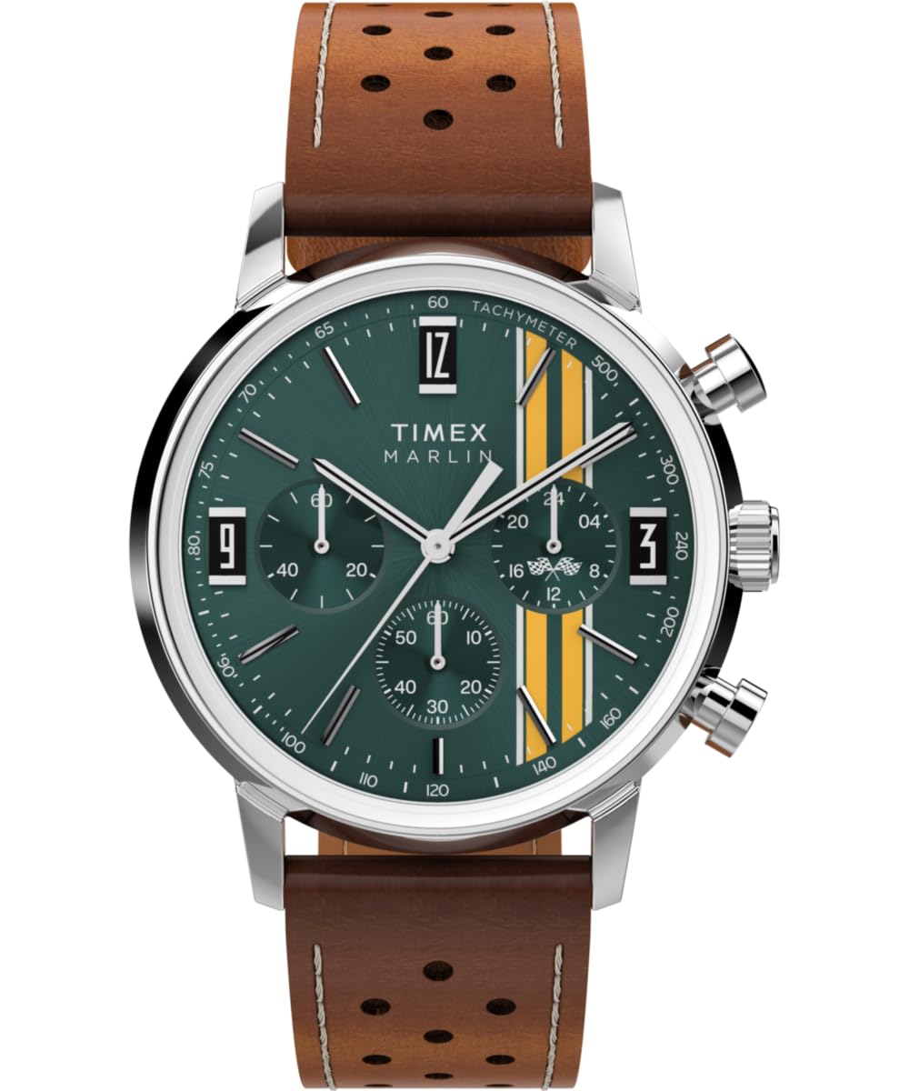 Timex Marlin Chronograph Tachymeter Tw2W99100 Zegarek Męski, 40 mm, Brązowy Skórzany Pasek, Zielona Tarcza i Koperta ze Stali Nierdzewnej