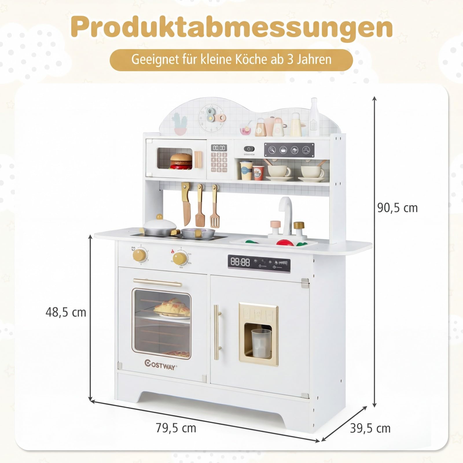 COSTWAY Kinderküche, Spielküche Holz mit 17 Zubehörteilen, Spielzeugküche mit Backofen, Eismaschine, Mikrowelle & Herd, Holzküche für Kinder ab 3 Jahren (Weiß)