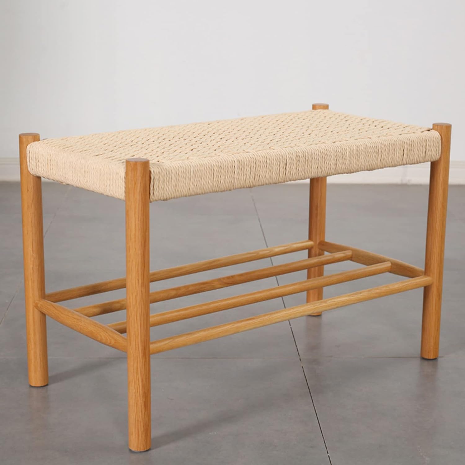 LMMIAOZ Modern Natural Oak Ottoman Stool Handwoven Cotton Rope Stylish Black Design for Indoor/Outdoor Use Entryway Bedroom Corridor - 110 x 35 x 45 cm