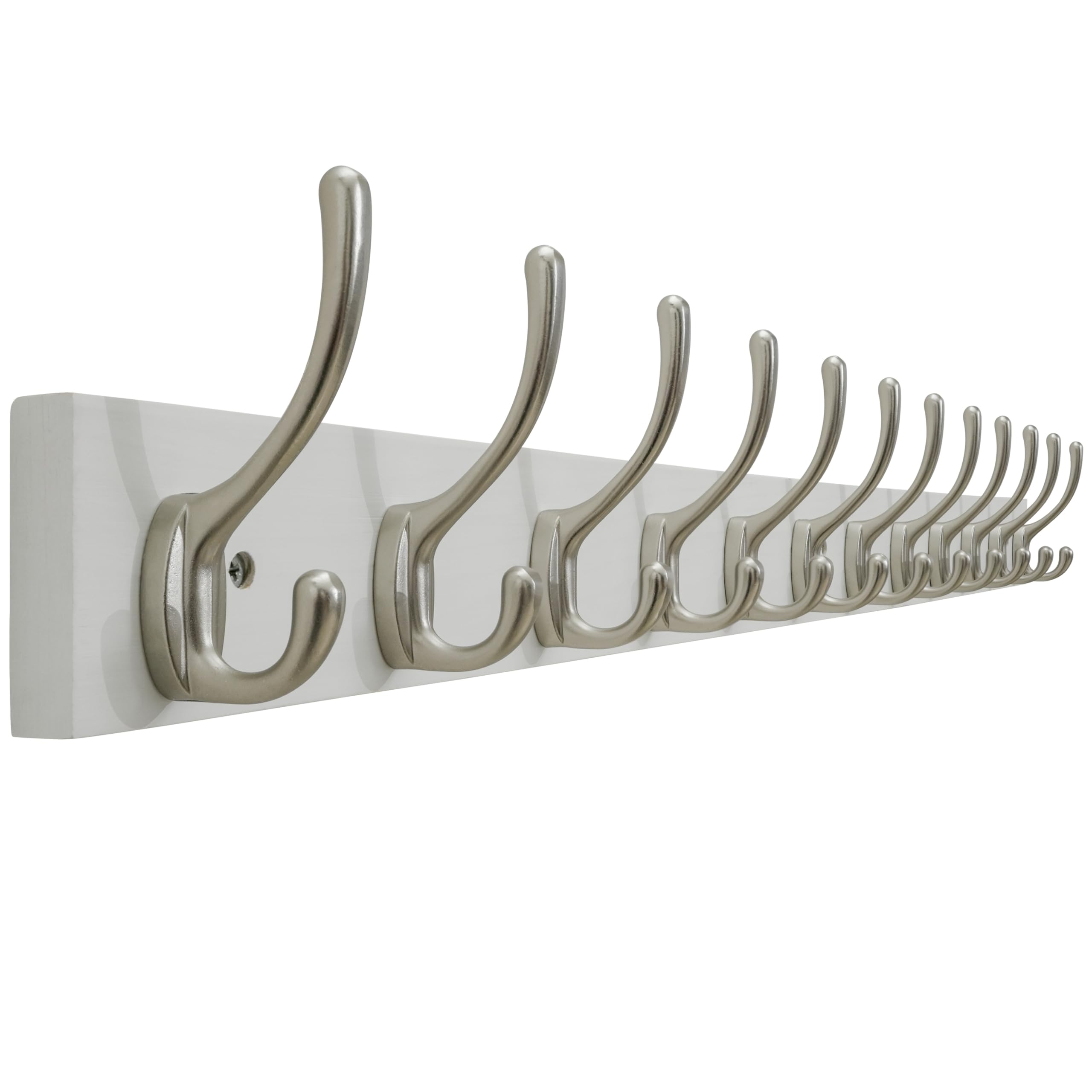 SKOLOO Solid Pine Wood Wall Mounted Coat Hooks, 91cm Long, 12-Hook Modern Entryway Organizer with 16" Stud Installation, for Hallway, Bathroom, Kitchen (White Wood/ & Nickel Hooks)​