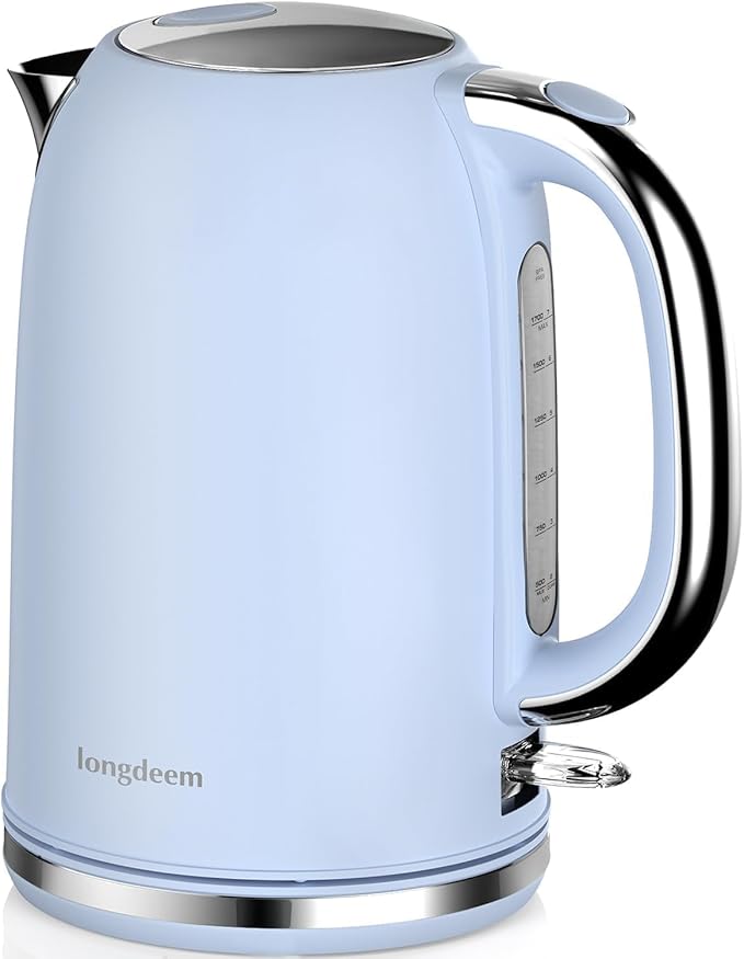 Electric Tea Kettle for Boiling Water, Wide Open Lid Stainless Steel Water Boiler, 1500W/1.7L for Coffee/Tea Brewing, Auto Shut Off & Boil Dry Protection, Cordless Swivel Base & LED Indicator, Blue
