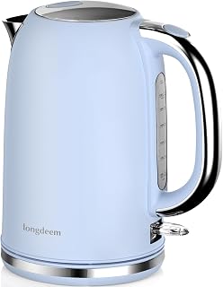 Electric Tea Kettle for Boiling Water, Wide Open Lid Stainless Steel Water Boiler, 1500W/1.7L for Coffee/Tea Brewing, Auto Shut Off & Boil Dry Protection, Cordless Swivel Base & LED Indicator, Blue