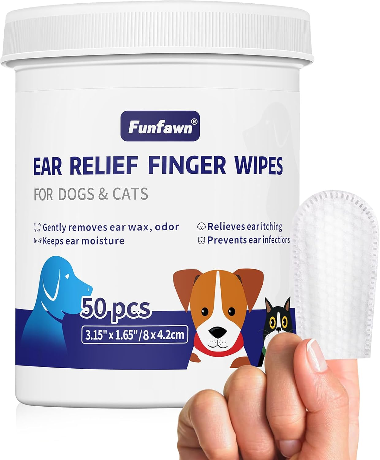 funfawn Pet Ear Relief Finger Wipes for Dogs & Cats – Disposable Dog Ear Cleaner Wipes – Remove Wax Dirty and Odor – Relieve Ear Itching and Inflammation – Safe Natural Ingredients – 50 Count